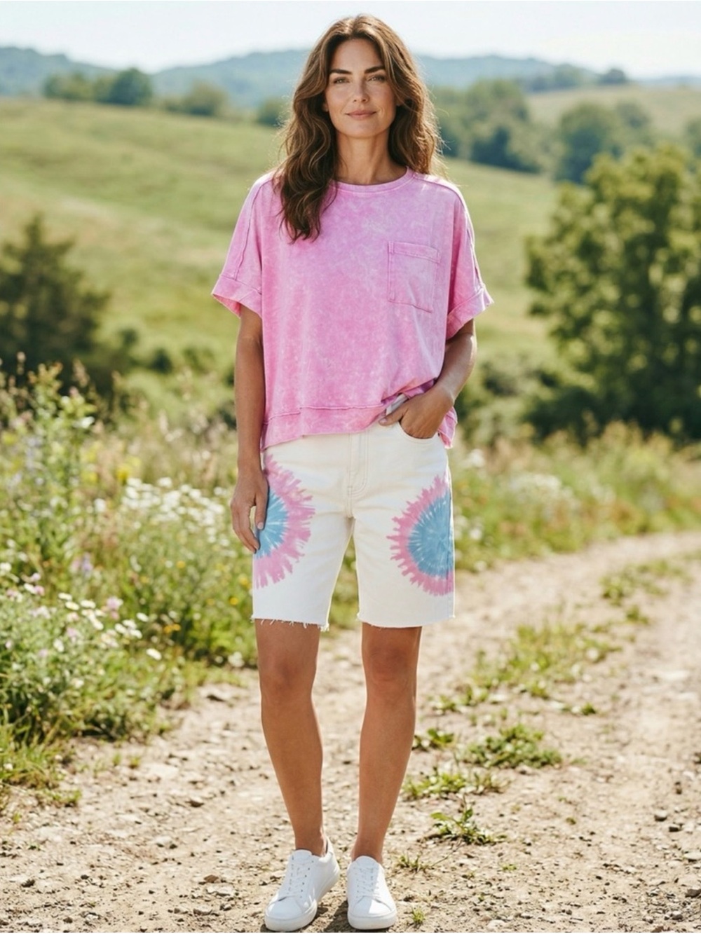 Easel Tie Dye White Denim Bermuda Shorts Women’s L Pink & Blue Raw Hem Boho